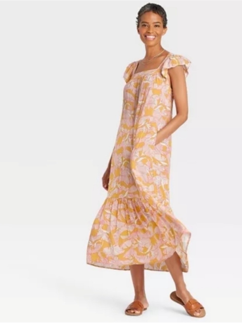 NWT Knox Rose Floral Square-Neck Maxi Dress in Pink and Yellow - L
